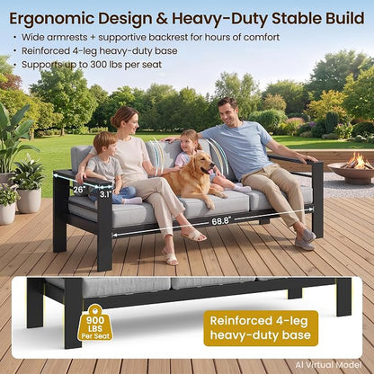 Kiss the Water Aluminum Patio Sofa, 2 PCS Light Grey Outdoor Couch | All-weather rust-proof aluminum frame with 5" thick olefin cushions, ideal for patio, backyard, or porch. Modern design.