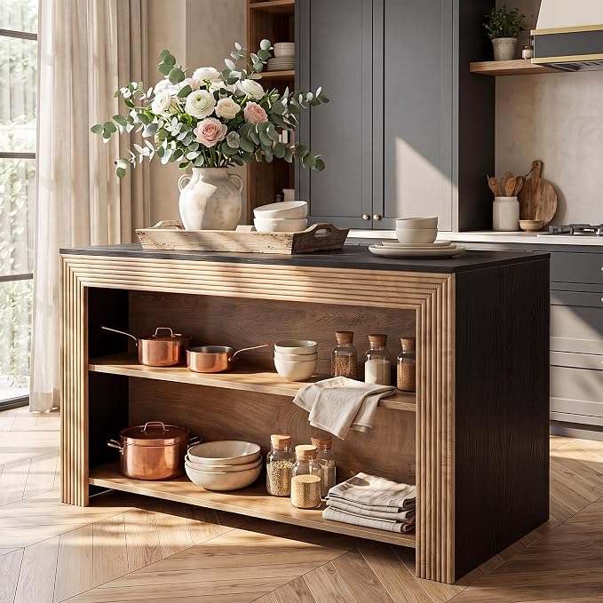 LITTLE TREE Kitchen Island with Storage, 55 Inch Island, Modern Farmhouse Kitchen Counter, Fluted Reeded Frame Open Shelves Prep Workstation, Black and Brown