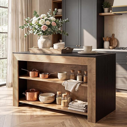 LITTLE TREE Kitchen Island with Storage, 55 Inch Island, Modern Farmhouse Kitchen Counter, Fluted Reeded Frame Open Shelves Prep Workstation, Black and Brown