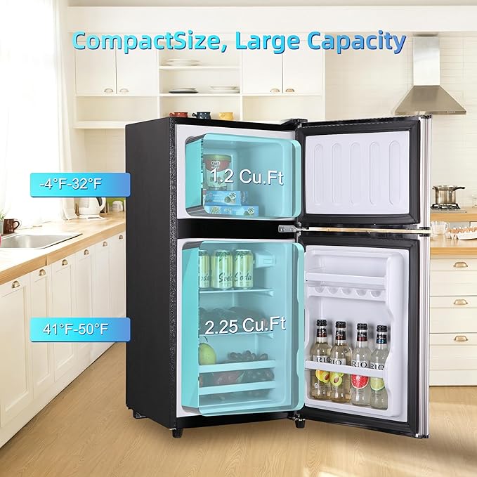 Dorm Fridge with Freezer, Small Refrigerator 3.45 Cu. Ft. with Freezer | 7-Level Temperature Adjustable Apartment Size Fridge for Kichen, College, Office, Apartment, Silver