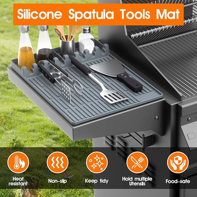Snuggery Silicone Griddle Tools Mat for Blackstone – Griddle Accessories 16"x11.5" BBQ Spatula Organizer with Drip Pad, Heat-Resistant Grill Accessories for Outdoor Cooking, Gifts for Husband & Men