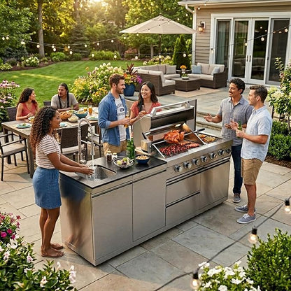 Outdoor Kitchen Island, BBQ Gas Grill, 6-Burner Propane Gas Grill with Rear & Side Burner, 75,300 BTU Stainless Steel Barbecue Grill with Sink & Granite Countertops for Patio Backyard (Silver-84.9")