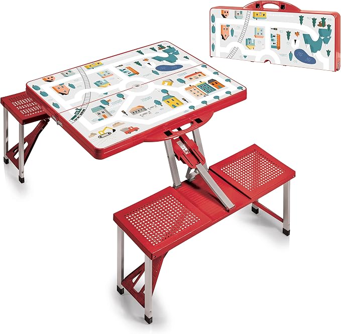 Picnic TIME Portable Folding Picnic Table with Seats for 4, Collapsible Aluminum Table with Benches & Umbrella Hole, Lightweight Foldable Table for Camping, Travel, Backyard, Tailgating | with Umbrella Hole