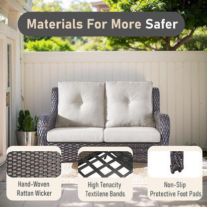 Outdoor Loveseat Sofa-2 Seater Rattan Wicker Patio Couch High Back Patio Sofa for Porch Deck Backyard-Brown/Beige
