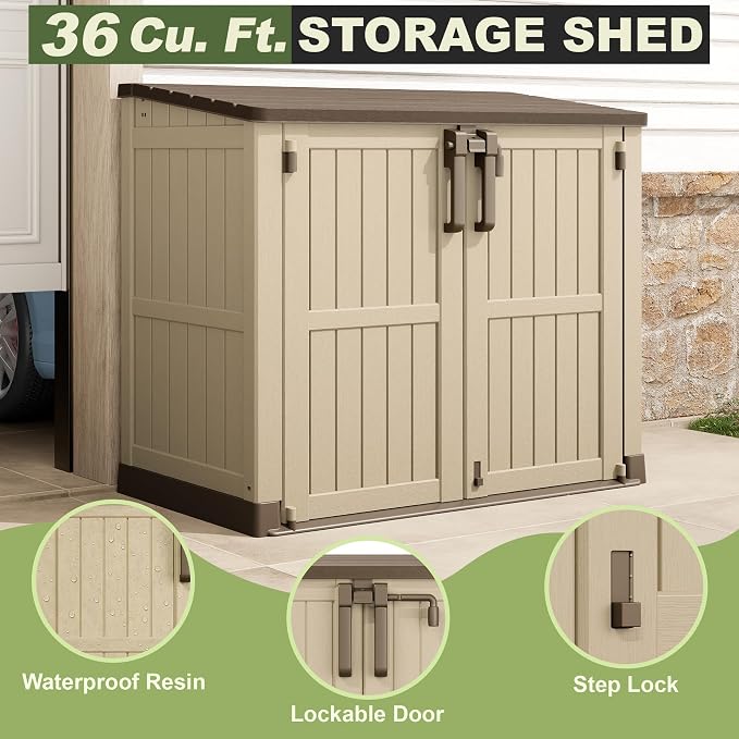 36 Cu Ft Resin Outdoor Storage Shed, Weatherproof Horizontal Outdoor Storage Cabinet with Dual Lock Door for Backyard, Patio, Garage, Garden(Brown-Beige)