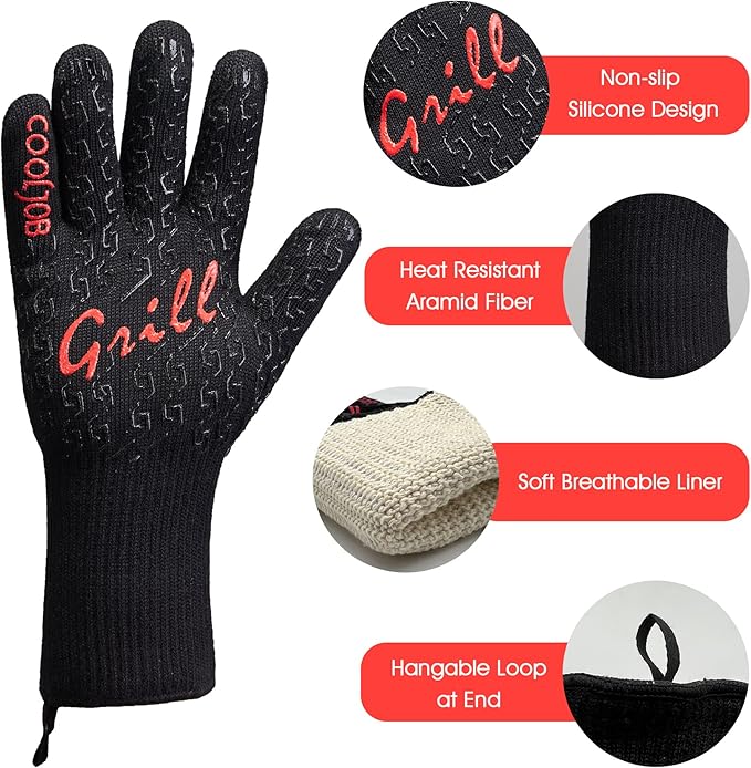 COOLJOB Heat Proof Resistant BBQ Oven Smoker Gloves, Reinforced Thick Aramid for Grill Up to 1472℉, Non-Slip Silicone Grippy Gloves for Cooking Meat, Bread or Hot Pizza in Kitchen, One Size
