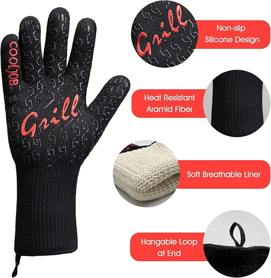 COOLJOB Heat Proof Resistant BBQ Oven Smoker Gloves, Reinforced Thick Aramid for Grill Up to 1472℉, Non-Slip Silicone Grippy Gloves for Cooking Meat, Bread or Hot Pizza in Kitchen, One Size