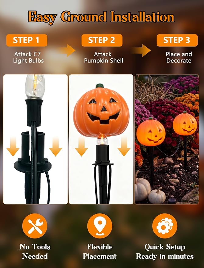 Halloween Pumpkin Pathway Markers Lights Outdoor, 7Ft Connectable C7 Halloween Decorations Pathway String Lights with 4 Pumpkin Stakes Lights for Outdoor Garden Walkway Yard Driveway Lawn Party Decor