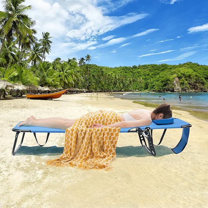 GYMAX Tanning Chair, 330lbs Beach Lounge Chair with Face Hole, Washable Pillow & Carry Strap, Adjustable Folding Chaise Lounge, Layout Lounger for Outside, Patio, Poolside, Lawn (2, Blue)