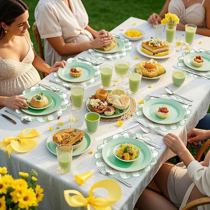 100 Pcs Checkered Paper Placemats Sage Green Gingham Place Mats 13.5 Inch Disposable Round Decorative Dining Table Mat with Scalloped Edge Paper Cutouts Decor for Picnic BBQ Table Party Supplies