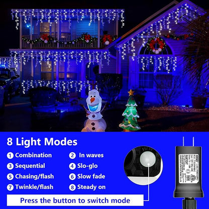 YEGUO 66ft 800 LED Blue and White Icicle Lights Outdoor Waterproof, 160 Drops Icicle String Lights Connectable, 8 Modes Icicle Christmas Lights with Memory Timer