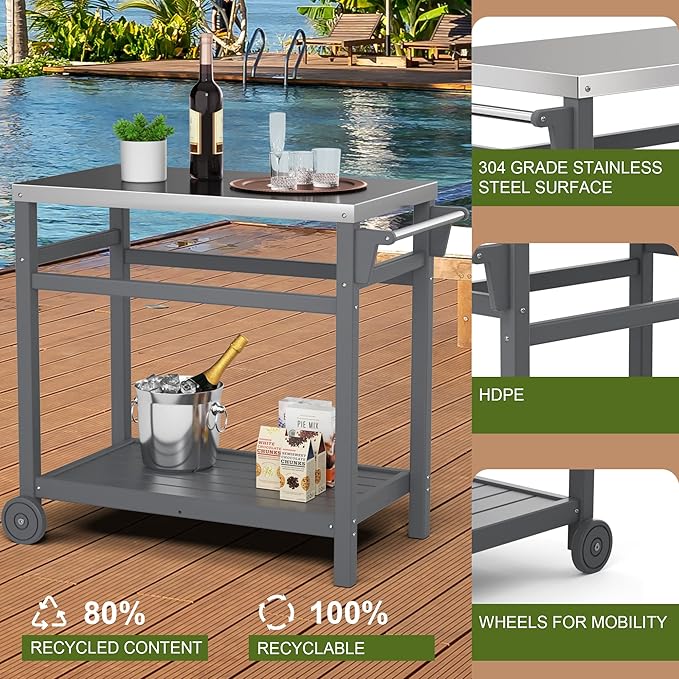 TORVA Outdoor Prep Grill Carts, 303 Stainless Steel Tabletop with High Load Capacity Portable BBQ Table, HDPE Durable Frame 2-Tier Storage Cart, Grey
