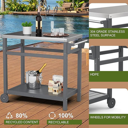 TORVA Outdoor Prep Grill Carts, 303 Stainless Steel Tabletop with High Load Capacity Portable BBQ Table, HDPE Durable Frame 2-Tier Storage Cart, Grey