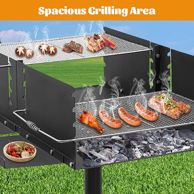 Park Style Charcoal BBQ Grill - Heavy Duty Steel Outdoor Grill with Stainless Steel Cooking Grate - Adjustable Height for Camping & Backyard
