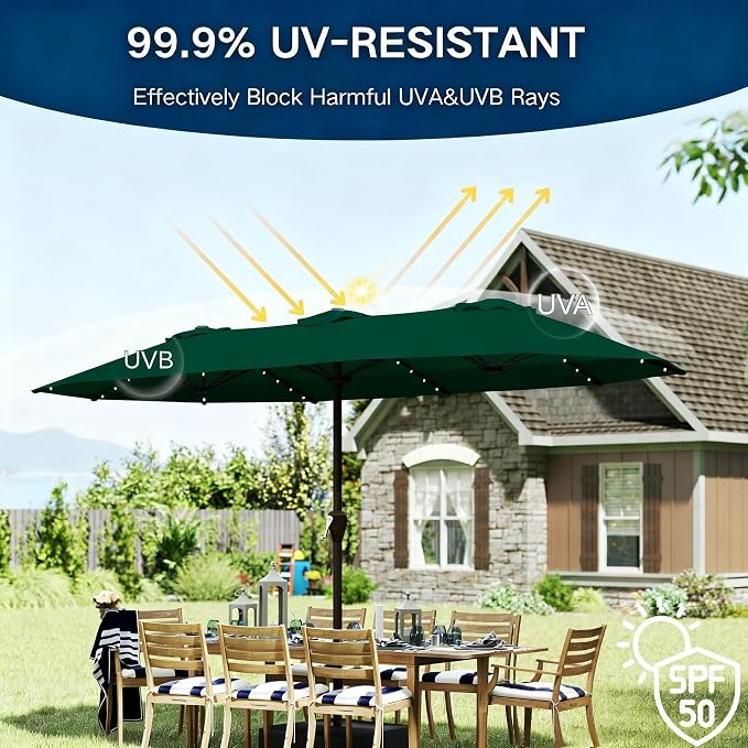 15ft Large Patio Umbrella with Solar Lights and Base, Double-Sided Outdoor Rectangle Umbrella with 48 LED Lights, Market Table Umbrellas with UV Resistant Canopy