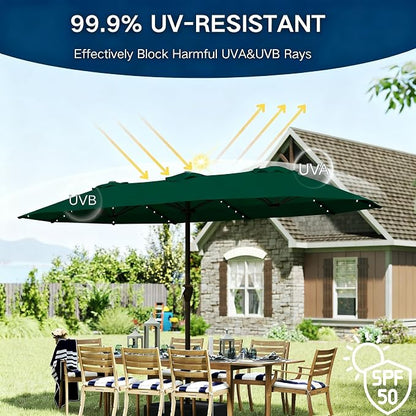 15ft Large Patio Umbrella with Solar Lights and Base, Double-Sided Outdoor Rectangle Umbrella with 48 LED Lights, Market Table Umbrellas with UV Resistant Canopy
