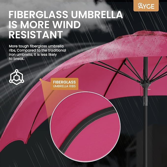 Ayge Patio Umbrella 9FT Outdoor Umbrella Patio Table for deck pink | 8 fiberglass ribs, crank & tilt. UV-resistant waterproof canopy. Fade-proof. Rust-proof frame. For deck, garden, pool.