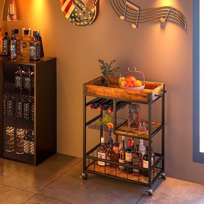 Bar Cart with Basket Wine Rack with Wheels Wood Metal Cart | Basket