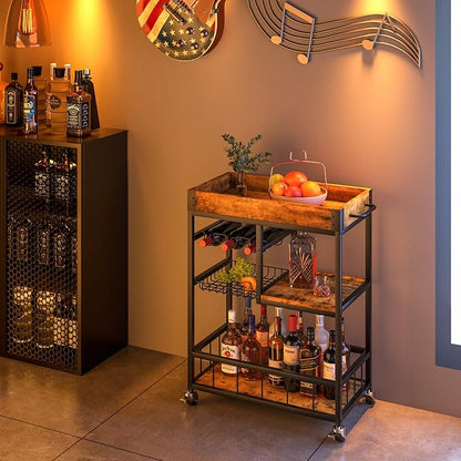 Bar Cart with Basket Wine Rack with Wheels Wood Metal Cart | Basket