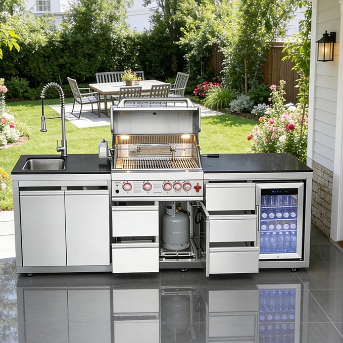102" Outdoor Kitchen Island with Grill, 4-Burner 59,500 BTU Propane BBQ Island, Refrigerator, Sink with Trash Can Holder & 3-Drawer Cabinet, for Backyard and Patio Cooking, Silver