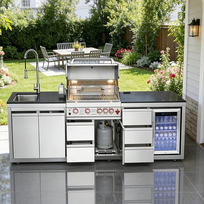 102" Outdoor Kitchen Island with Grill, 4-Burner 59,500 BTU Propane BBQ Island, Refrigerator, Sink with Trash Can Holder & 3-Drawer Cabinet, for Backyard and Patio Cooking, Silver