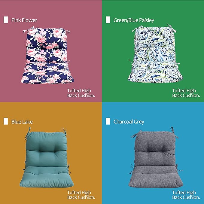 Outdoor Chair Cushions, Water Resistant Replacement Tufted Cushion for Patio Dining Chair, Set of 2 Green/Blue Paisley