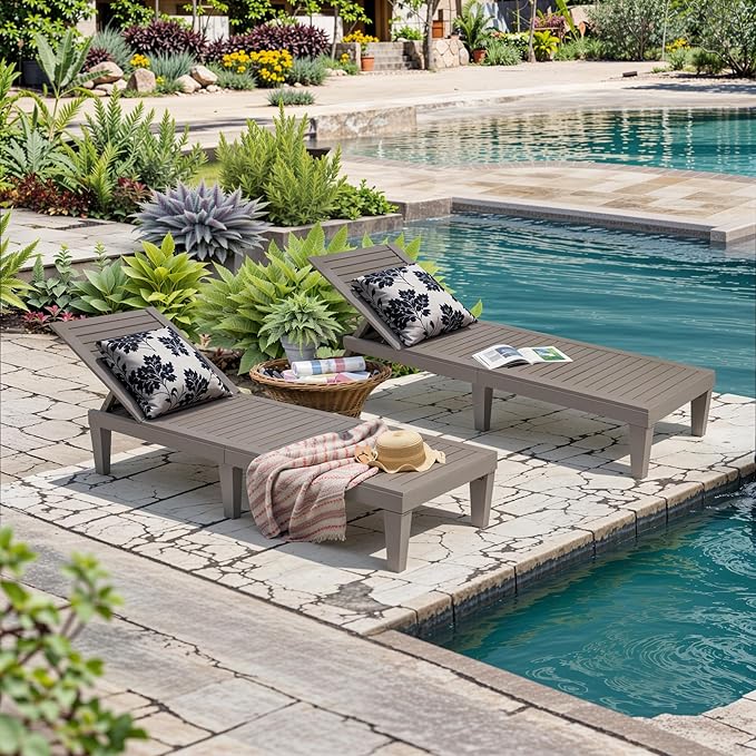 Outdoor Chaise Lounge Chairs Set of 4, 5-Position Adjustable Heavy Duty Tanning Loungers with Wood Texture, All-Weather Resin Patio Recliners for Pool, Garden, Deck, Beach, Grey