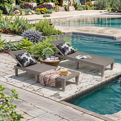 Outdoor Chaise Lounge Chairs Set of 4, 5-Position Adjustable Heavy Duty Tanning Loungers with Wood Texture, All-Weather Resin Patio Recliners for Pool, Garden, Deck, Beach, Grey