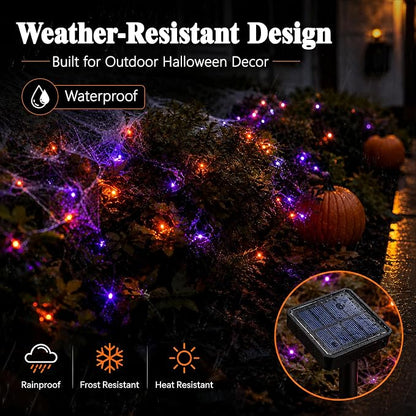 cshare Halloween Solar String Lights Outdoor, Orange Purple Solar Fairy Lights 2 Pack 16.4FT 50 LED Each, 8 Modes Waterproof Black Wire Fairy Lights for Yard Porch Fence Tree Bushes Decor