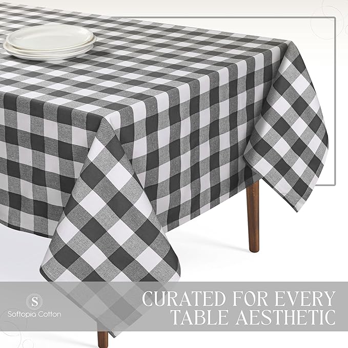 Grey and White Buffalo Check Tablecloth, 60x102 Inches, Plaid Dining Cover, 100% Cotton, Washable, Reusable Farmhouse Table Linen for Winter, Weddings, Buffet Parties, Everyday Dining