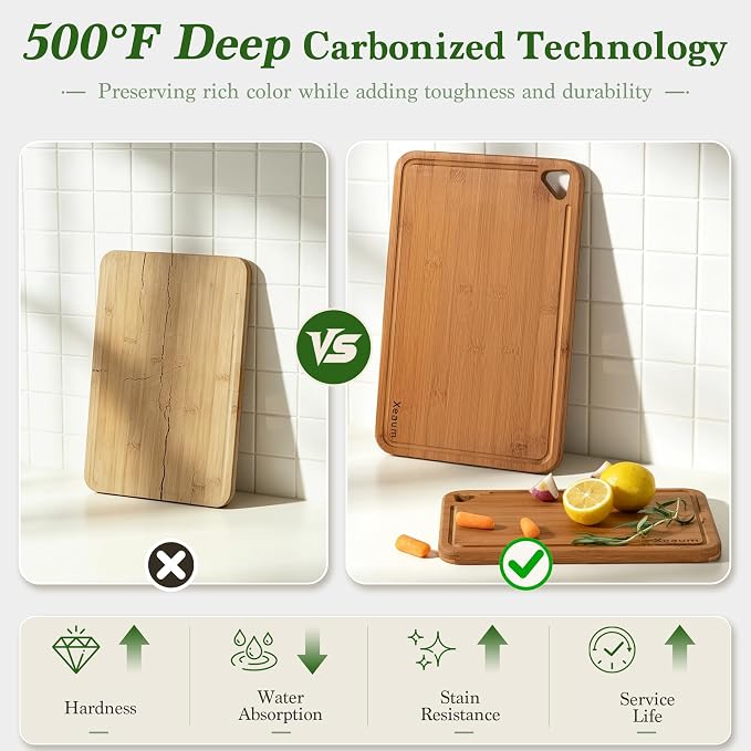 Deep-Carbonized,Royal Craft Wood Bamboo Cutting Board Set, 3-Piece | Durable Bamboo w/ Deep Juice Grooves | Non-Slip & Knife-Friendly | Versatile for Meat, Bread, Veggies | Easy to Hang Store