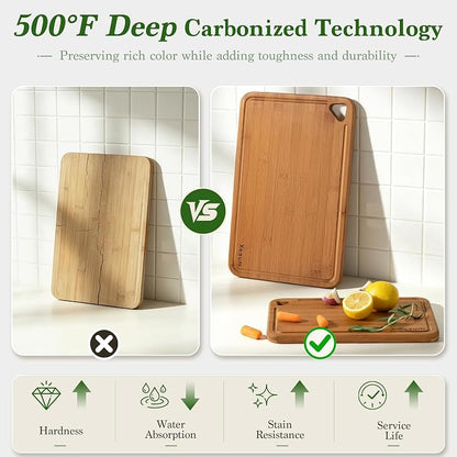 Deep-Carbonized,Royal Craft Wood Bamboo Cutting Board Set, 3-Piece | Durable Bamboo w/ Deep Juice Grooves | Non-Slip & Knife-Friendly | Versatile for Meat, Bread, Veggies | Easy to Hang Store