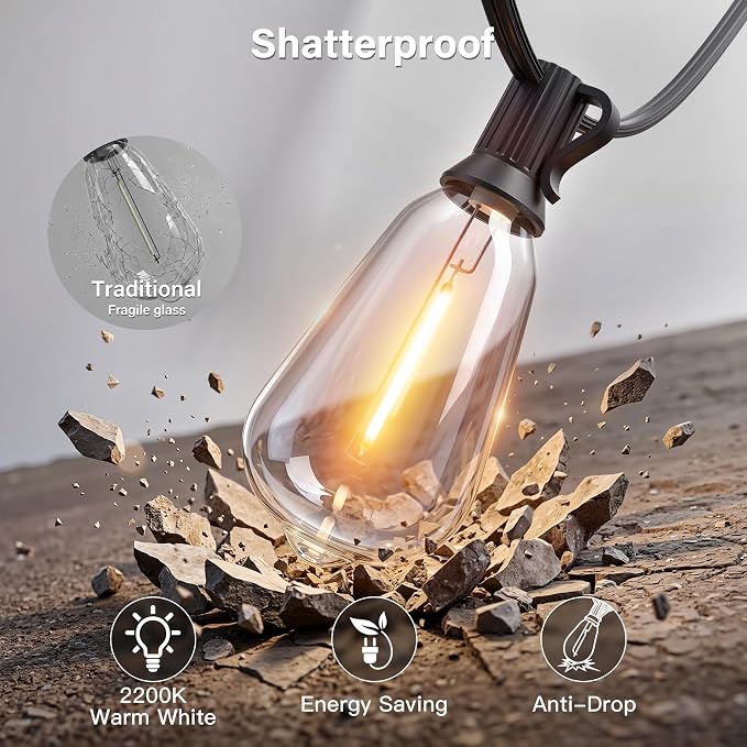 Ollny Outdoor String Lights 205FT, Shatterproof Connectable Patio Lights with 80 ST38 Vintage Edison LED Bulbs, 2200K Warm White Waterproof Outside Lights for for Backyard Porch Balcony Camping Bistro