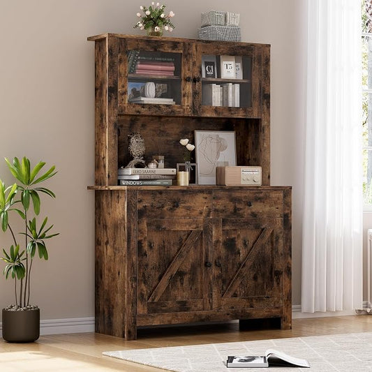 GarveeHome Kitchen Pantry Cabinet with Microwave Stand, Freestanding Hutch Cabinet with Buffet Cupboard, Tall Kitchen Cabinets with Adjustable Shelves for Dining Room, Brown