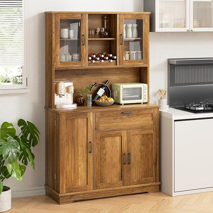 Shintenchi Kitchen Pantry Storage Cabinet, Freestanding Buffet Cabinet with Microwave Stand & 3 Door Shelves, Kitchen Hutch with Doors, Adjustable Shelves and Wine Rack, Brown
