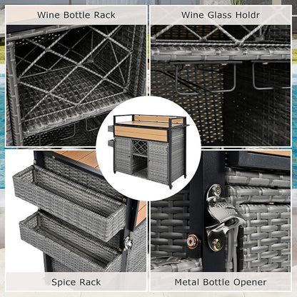 Outdoor Grill Cart BBQ Prep Station, Double Tabletop Rolling Wicker Kitchen Island with 7 Adjustable Shelves & Wine Rack, Weather-Resistant Storage Cabinet for Patio Backyard Garden, Gray