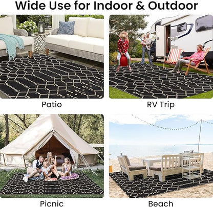 Smiry Outdoor Rug 5x8 ft Waterproof Reversible Boho Mat, Beige | Polypropylene Plastic Straw, Quick Drying, Lightweight Foldable, for Patio, Deck, RV Camping, Backyard and Indoor Outdoor Use
