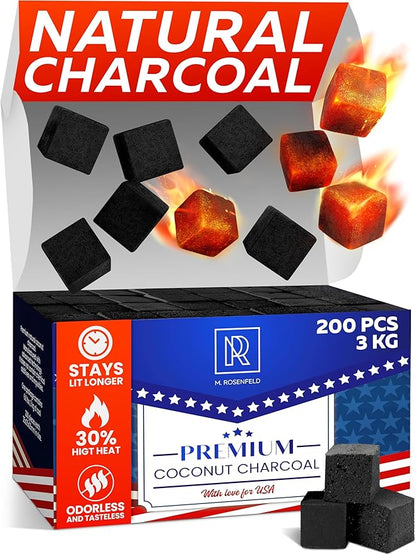 Premium Coconut Charcoal Cubes - Coconut Coals XL Pack of 200 Count & 3 KG (6.6 lbs) – Premium Quality 25mm (1x1x1 in) – 100% Natural Coconut Charcoal Cubes – NOT Quick Light - (Pack of 1)