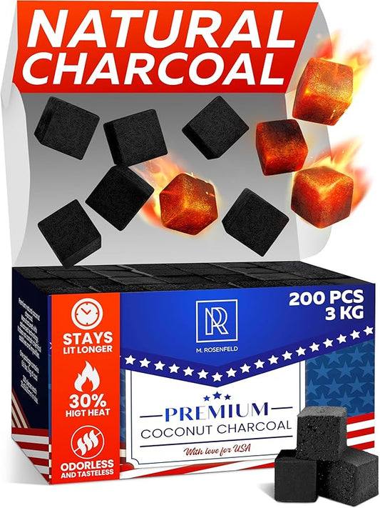 Premium Coconut Charcoal Cubes - Coconut Coals XL Pack of 200 Count & 3 KG (6.6 lbs) – Premium Quality 25mm (1x1x1 in) – 100% Natural Coconut Charcoal Cubes – NOT Quick Light - (Pack of 1)