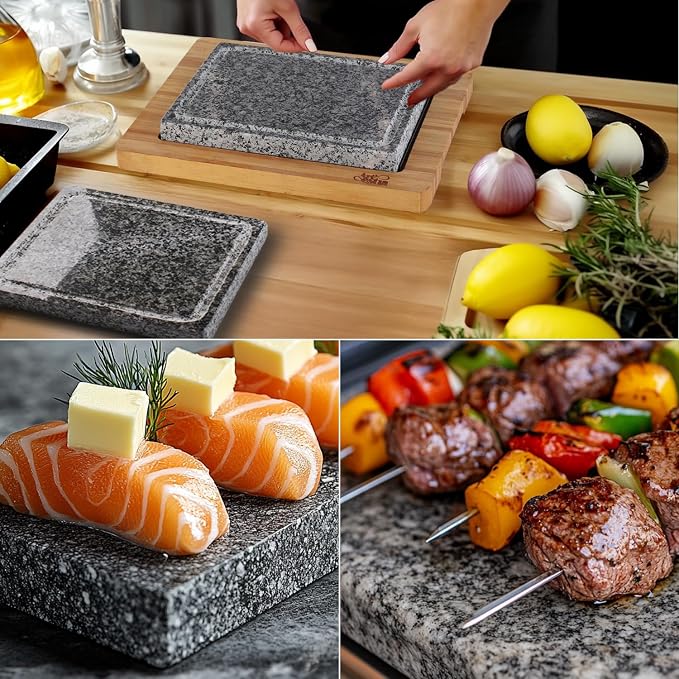 Artestia Steak Stone Grill Set with 2 Natural Steak Stones & 1 Bamboo Tray – Restaurant-Style Hot Stone Cooking Set for Sizzling Steak, BBQ, Hibachi, Indoor Tabletop Grilling
