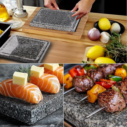 Artestia Steak Stone Grill Set with 2 Natural Steak Stones & 1 Bamboo Tray – Restaurant-Style Hot Stone Cooking Set for Sizzling Steak, BBQ, Hibachi, Indoor Tabletop Grilling