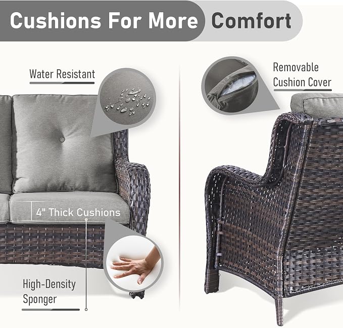 Outdoor Couch All Weather PE Wicker Patio Sofa Outdoor Sofa Deep Seating for Porch Deck Backyard-Brown/Grey