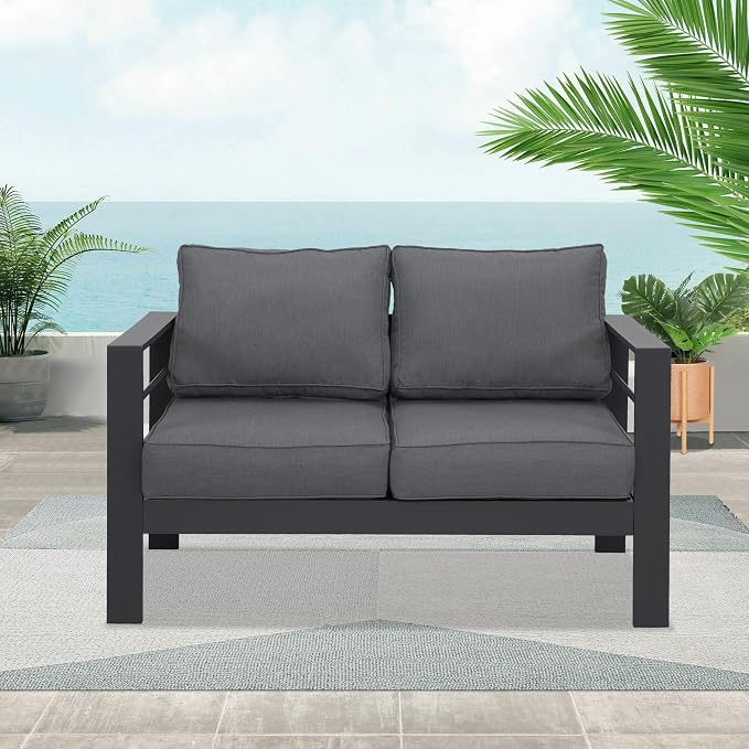Wisteria Lane Aluminum Outdoor Sofa, 2 Seats Patio Couch All-Weather Rust-Proof Modern Metal Patio Furniture with 5" Thick Olefin Cushions, Light Grey