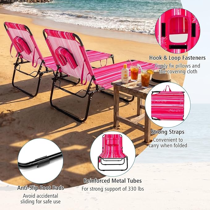 GYMAX Tanning Chair, Folding Lounge Chairs with Face Hole & Cover, Removable Pillow Carry Handle, Portable Compact Outdoor Layout Recliner for Beach, Poolside, Lawn, Patio, Camping (Pink Stripe,1)