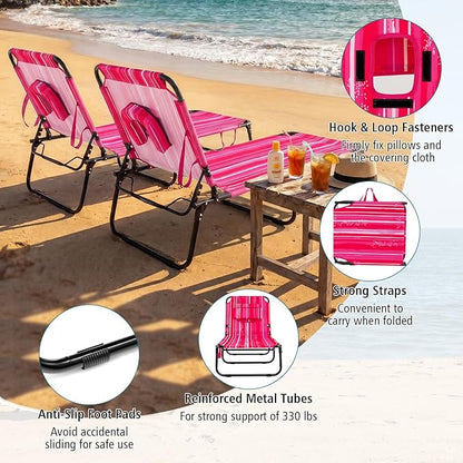 GYMAX Tanning Chair, Folding Lounge Chairs with Face Hole & Cover, Removable Pillow Carry Handle, Portable Compact Outdoor Layout Recliner for Beach, Poolside, Lawn, Patio, Camping (Pink Stripe,1)