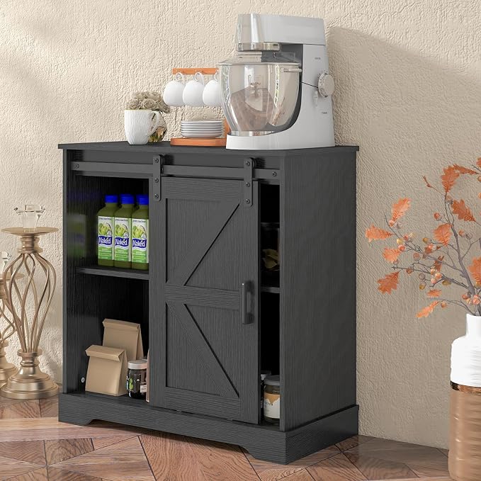Panana Sliding Barn Door Buffet Sideboard Storage Cabinet Coffee Bar Kitchen Farmhouse Style (Black)