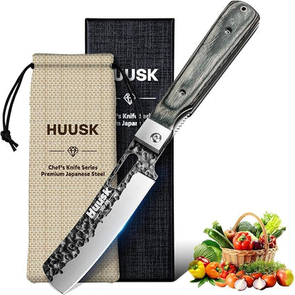 Huusk Japanese Folding Nakiri Knife - Pocket Vegetable Knife with Hand Forged Blade - Portable Kitchen Knives for BBQ, Camping and Travel - Gift for Men and Women
