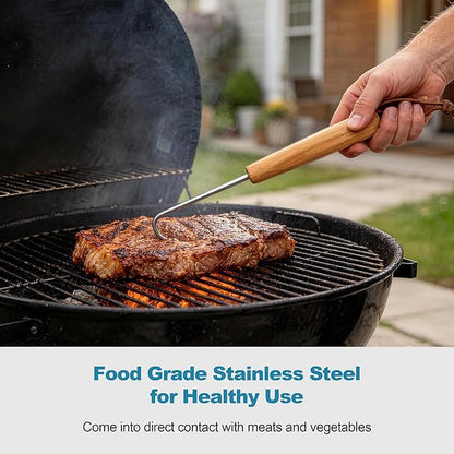 Stainless Steel Pigtail Food Flipper, HaSteeL 11.8” Meat Turner Hook for Right Handed, Grill Accessories Steak Flippers With Wooden Handle for Outdoors Griddle BBQ Grilling Kitchen Cooking, Small