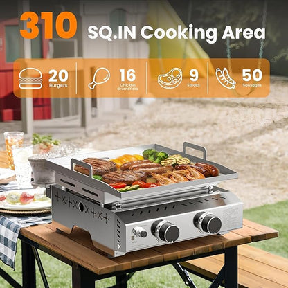 WAA Portable Propane Griddle, 16000BTU Tabletop Portable Propane Gas Grill with 2 Burners, Stainless Steel Flat Top Grill, Outdoor Cooking for Tailgating,Camping, RVs, BBQ, Patio, Silver