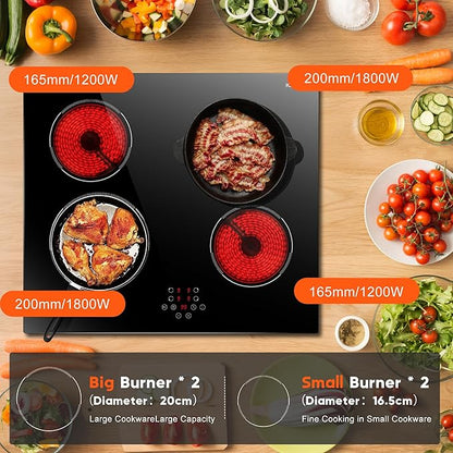 24 Inch Electric Cooktop Built in Electrics Stove Top, 4 Burner Electric Stove, Touch Control, 6000W, 9 Power Levels, Safety Lock, Timer, Pause Function, 240V Hard Wire(No Plug)